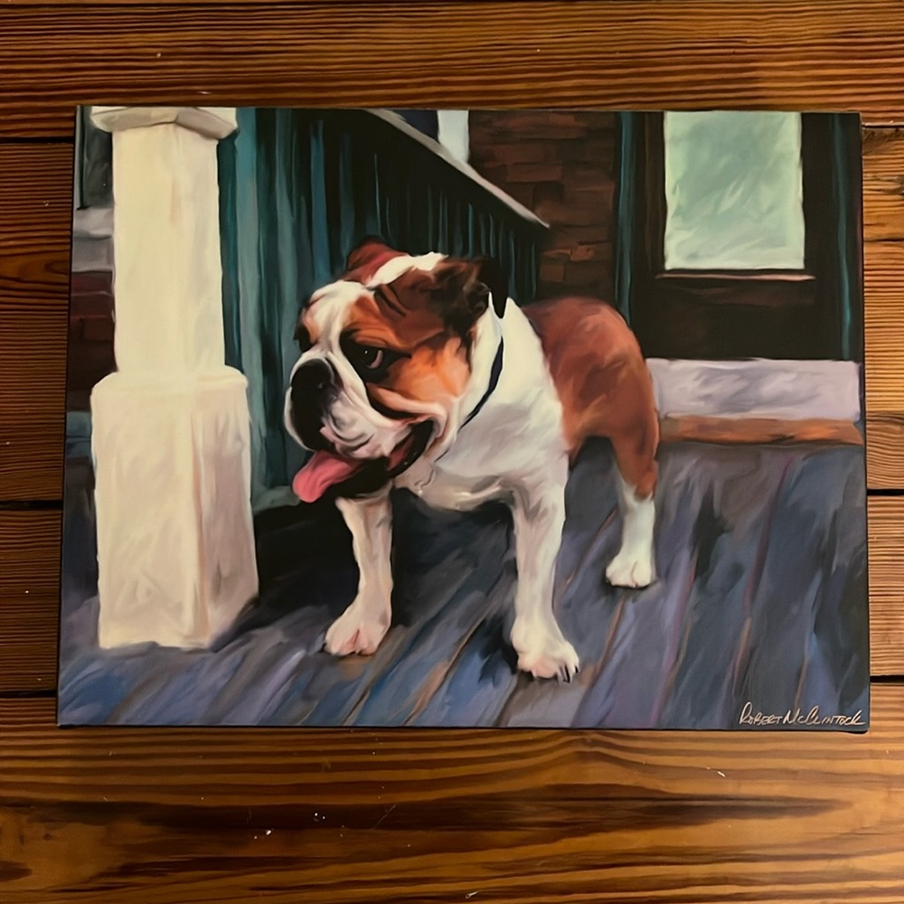 Robert McClintock Bull on the porch bulldog canvas wrap print 12 x 16“